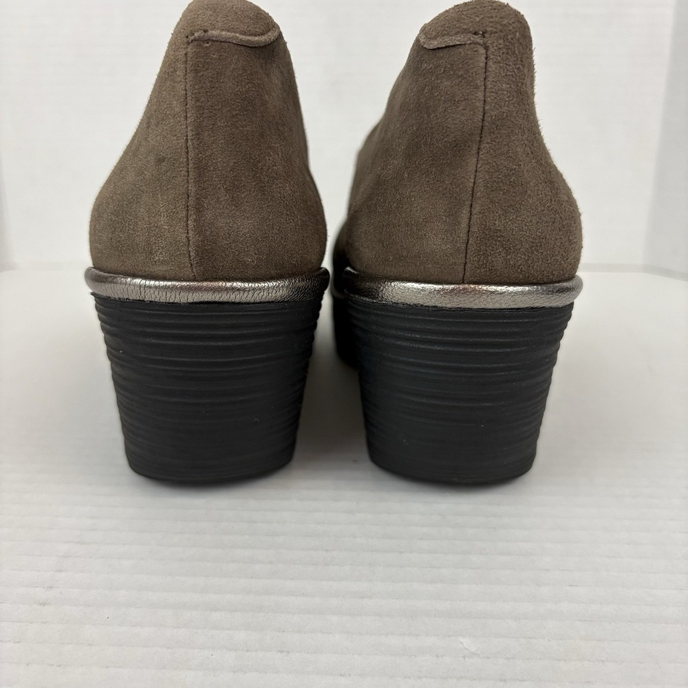 Fly London Women 41 Suede Wedge Pumps Taupe Brown Green Stitch Comfort Shoes - Picture 3 of 13
